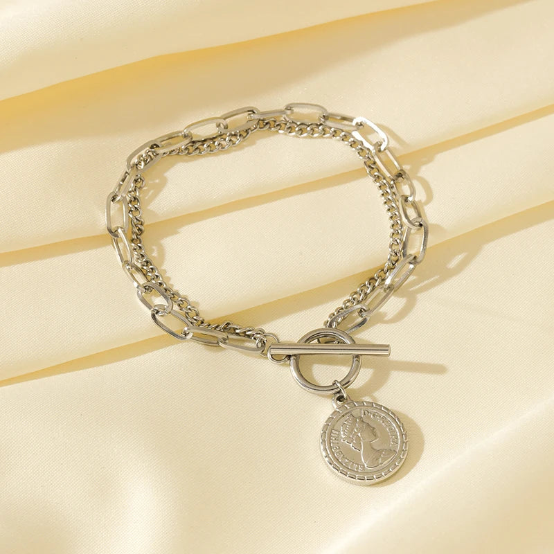 EILIECK 316L Stainless Steel Gold Color Portrait Coin Necklace Bracelets Set For Women New Trendy OT Buckle Waterproof Jewelry