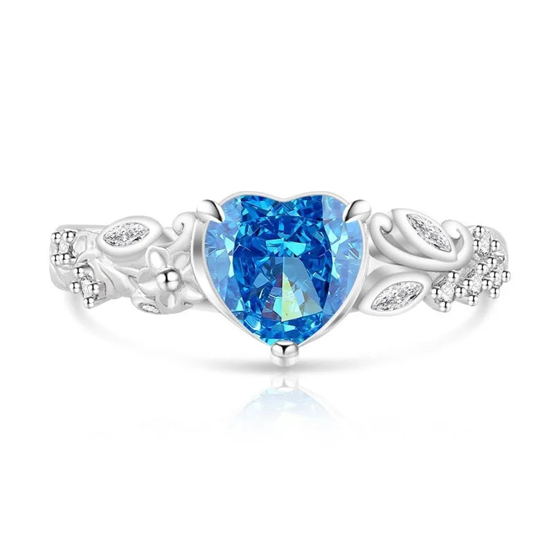 925 Sterling Silver Heart Ice Flower Cut Solitaire Ring, Antique Floral Band with Marquise Side Zircon, Ladies Party Jewelry