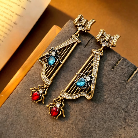 1 Pair of Vintage Fashion Palace-Style Colorful Rhinestone Spider-Inlaid Bronze Harp Earrings Suitable for Women for Daily Wear, Holiday Parties, and as a Gift