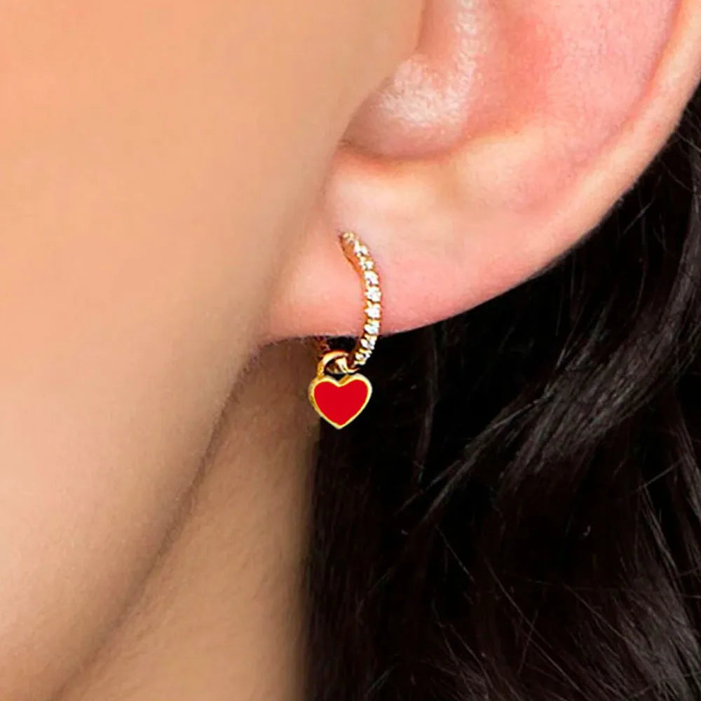 New Trendy Rhinestone Small Circle Hoops with Cute Candy Neon Color Heart Hanging Earrings for Women Gold Plated Huggies Jewelry