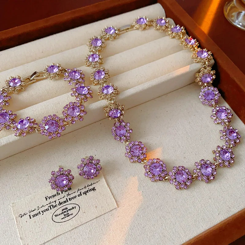 Vintage Amethyst Round Flower Cluster Necklace Bracelet Earring Jewelry Set Antique Silver Luxury Women Bridal Wedding Jewelry N