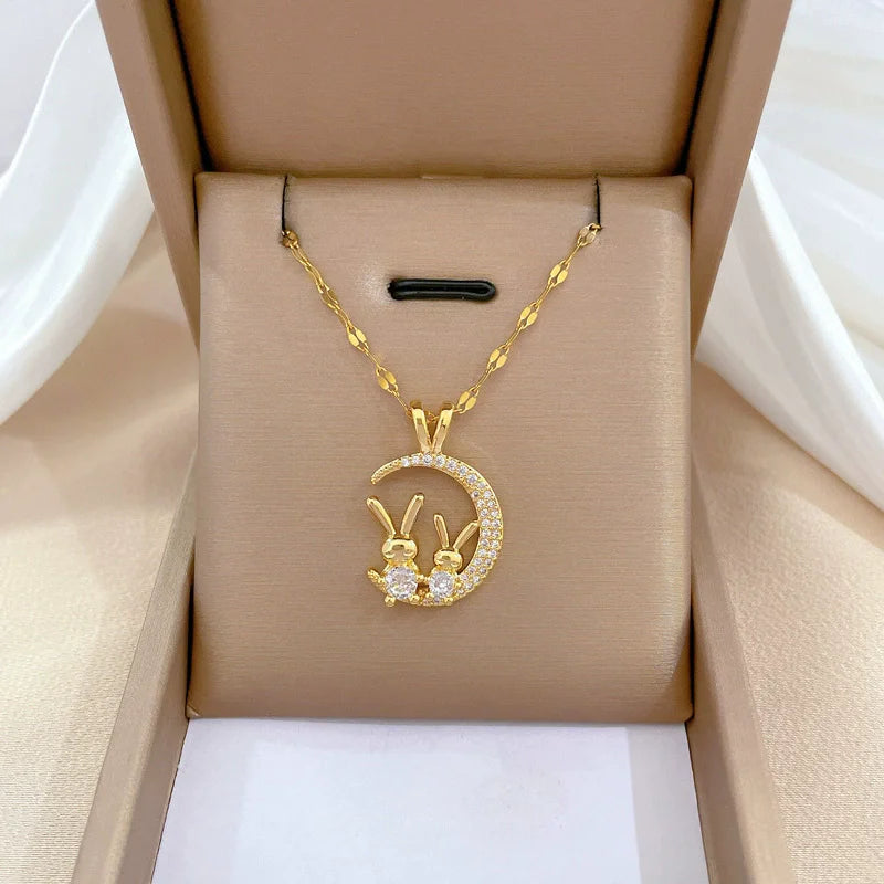 EILIECK 316L Stainless Steel Shine Cubic Zircon Butterfly Pendant Necklace Gold Color Texture Metal Personalized Chain Jewelry