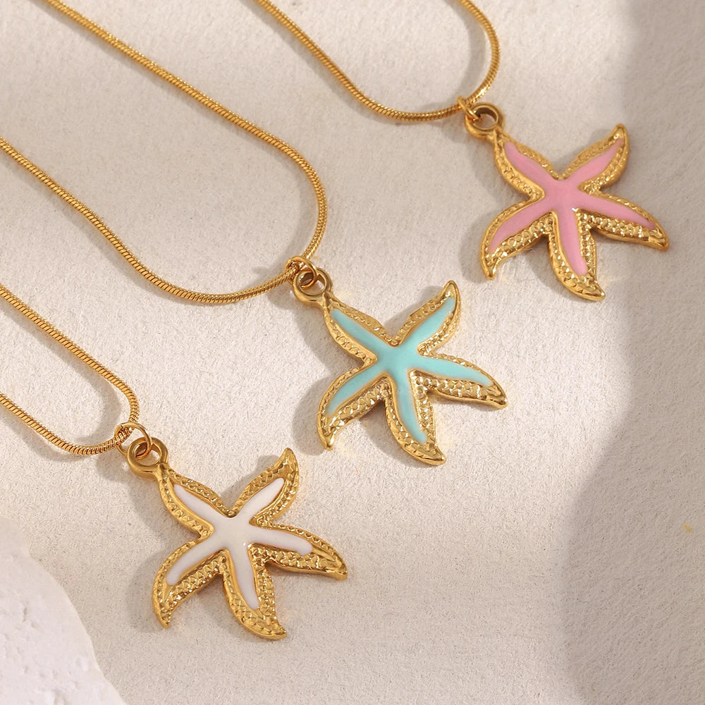 E.B.belle Summer Beach Cute Coloful Starfish Pendant Necklace 18K Gold Plated  316L Stainless Steel Holiday Neck Jewelry
