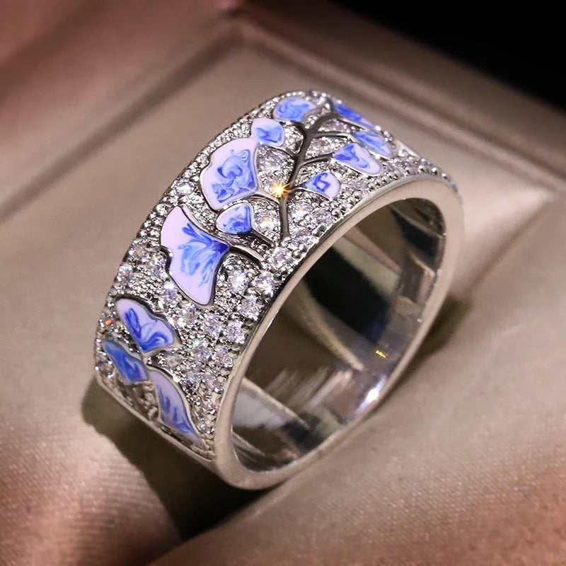 Female Silver Flower Ring for Woman Blue Flower Ring Sterling Silver Color Party Fashion Promise Wedding Jewelry HANDMADE Enamel