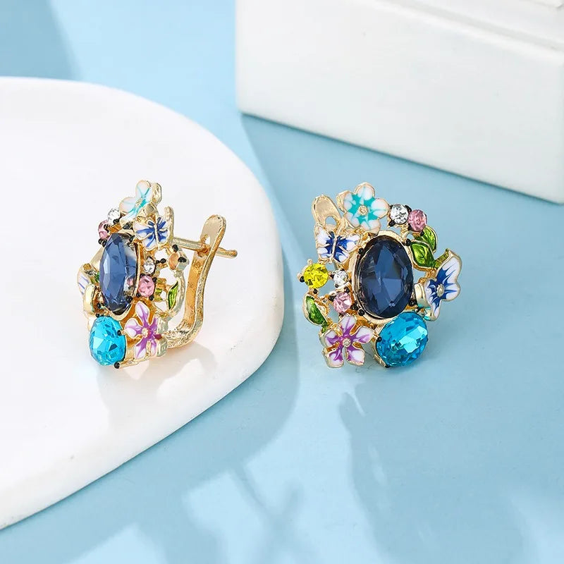 1pair Women Gold Color Hoop Earrings Aesthetic Colorful Enamel Flower Design Wedding Party Accessories Trendy Jewelry with CZ