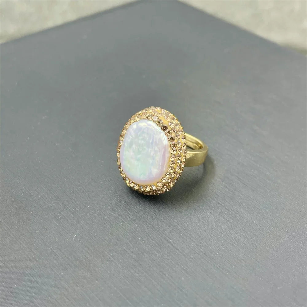 Baroque Coin Pearl Rhinestone Index Finger Ring Rhinestone Freshwater Pearl Open Cuff Rings for Women Party Ball Jewelry