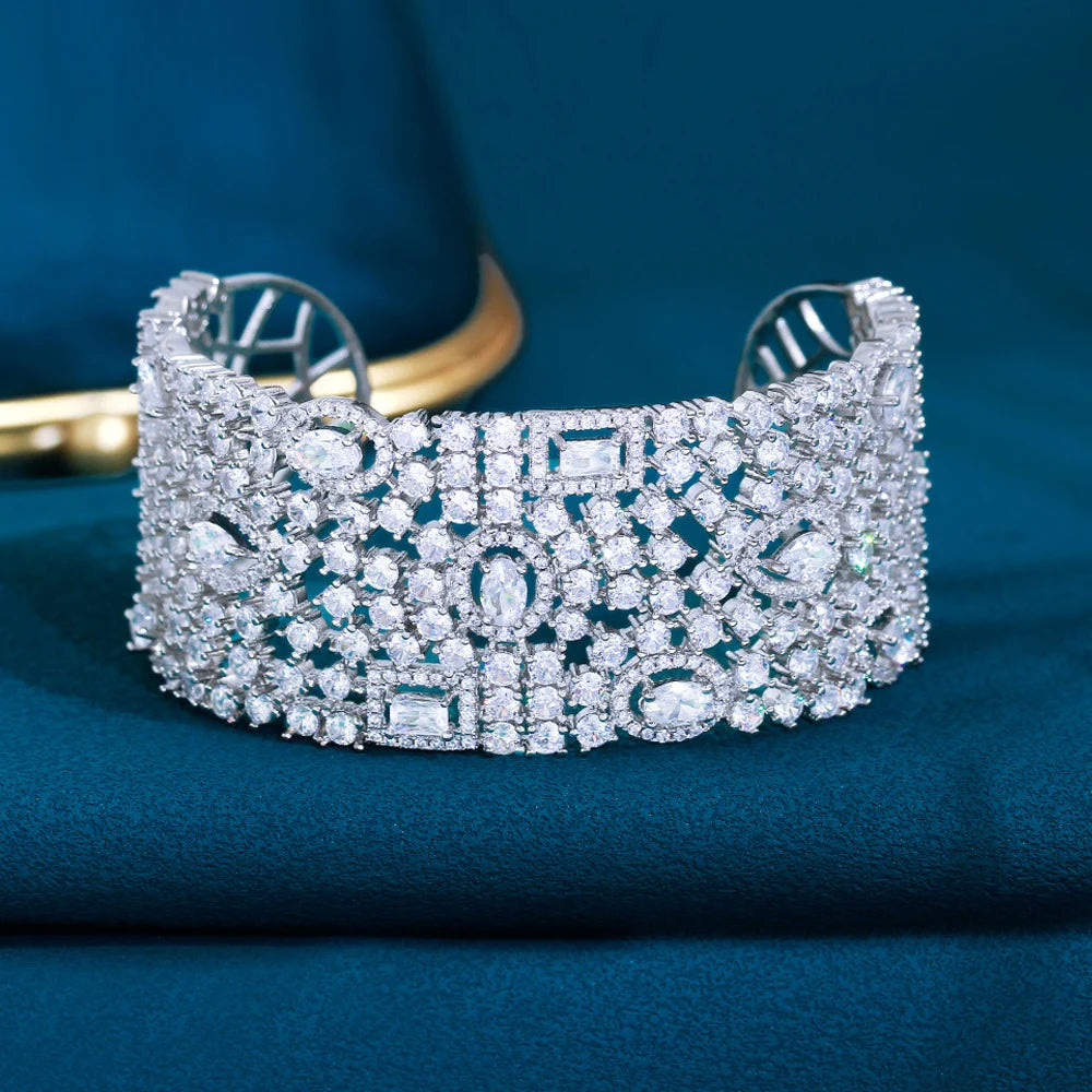 ThreeGraces Luxury Shiny Cubic Zirconia Big Wide Bridal Wedding Open Size Bangle for Women Gorgeous Dubai Party Jewelry B083