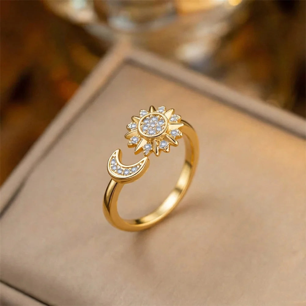 Charm Female White Small Moon Sun Zircon Stone Tredny Adjustable Open Ring Gold Silver Color Cute Gift Wedding Jewelry For Women