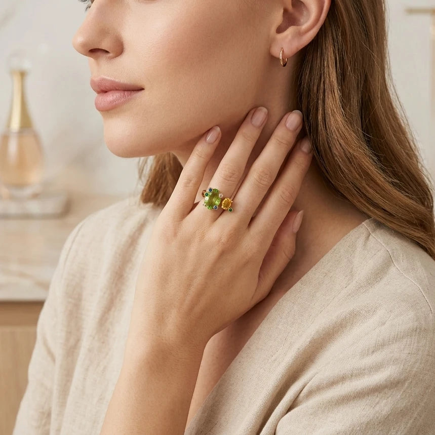 Gold Open Adjustable Ring Women Oval Multicolor Sparkling CZ Finger Ring Versatile Jewelry For Daily Party Dating Vacation Gift