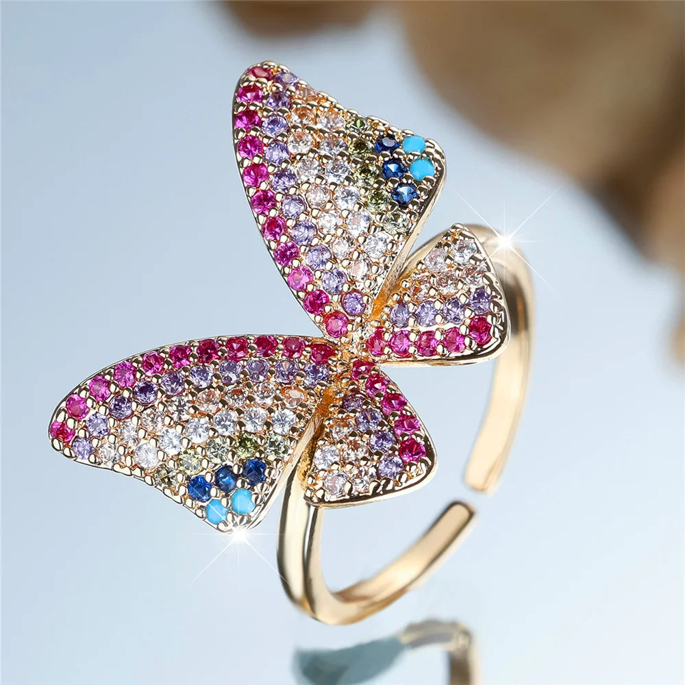 Charm Female Rainbow Butterfly Stone Adjustable Open Ring Gold Silver Color Cute Gift Wedding Jewelry For Women