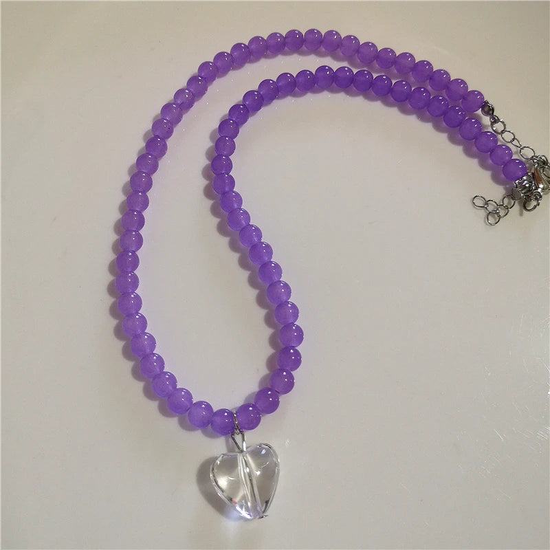 2026 Trendy Aesthetic Resin Candy Color Heart Pendant Glass Beaded Choker Charm Necklace For Women Girl Y2K Jewelry Accessories