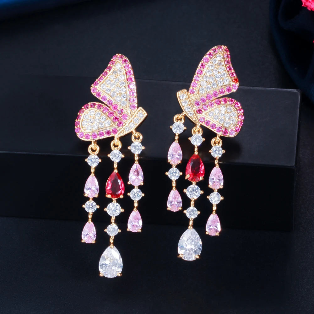 ThreeGraces Elegant Black Cubic Zirconia Butterfly Shape Long Dangle Tassel Earrings for Women New Fashion Party Jewelry E1281