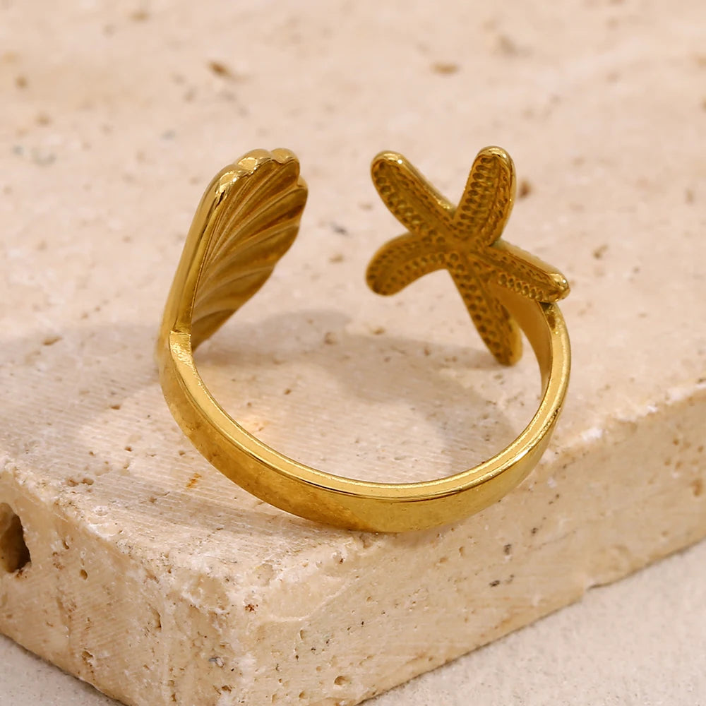 E.B.belle Personality Shell Starfish Opening Rings for Women New Fashion 316L Stainless Steel  PVD Plating Jewelry Decoration
