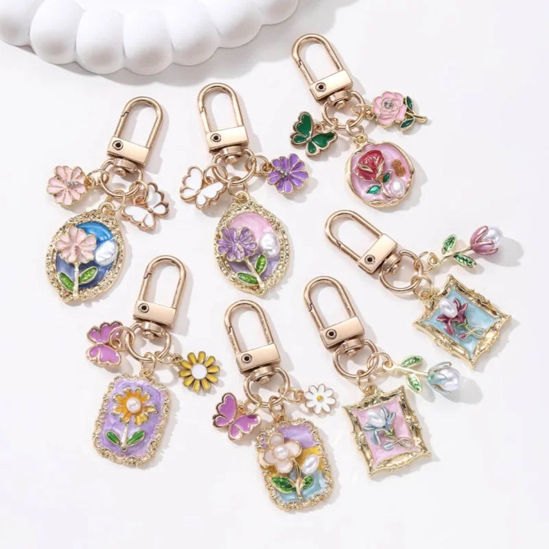 Pretty Flower Pearl Butterfly Enamel Keychain Cartoon Baroque style Plant Key Ring For Women Girls Handmade Gift DIY Jewelry