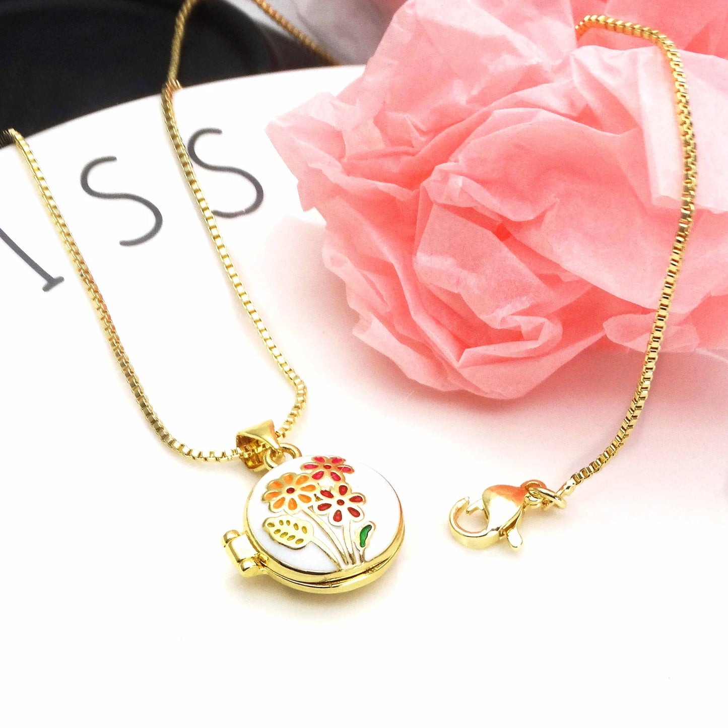 Micro Zircon oil drip photo box Pendant necklace Rose Flower pendant necklace copper chain jewelry necklace