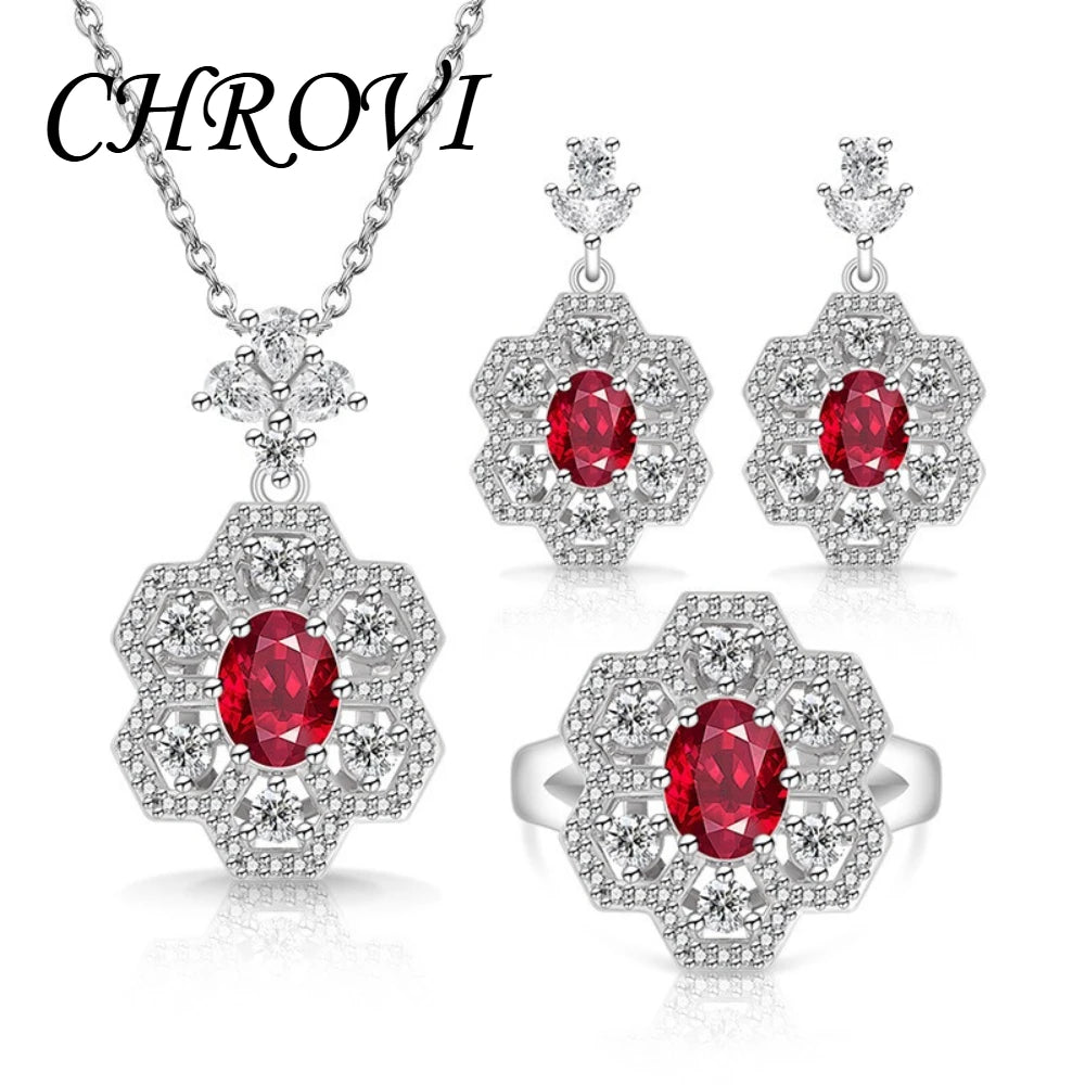 Exquisite 925 sterling silver popular flower-shaped diamond-set pendant necklace, ring, earring set jewelry set