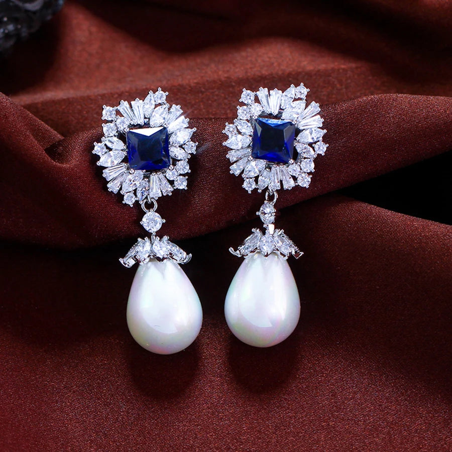 ThreeGraces Vintage Luxury Blue Square Zirconia Long Big Simulated Pearl Earrings for Women Fashion Bridal Party Jewelry E1969