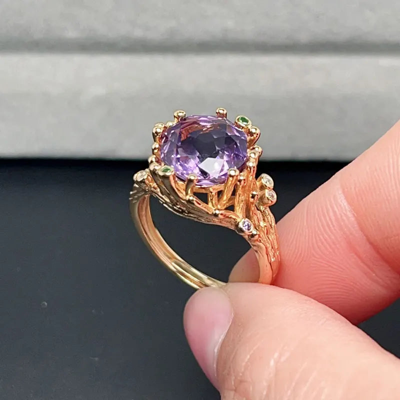 Pure Amethyst Ring for Party 10mm 4ct Natural Amethyst 925 Silver Ring with Thick Gold Plated Birthday Gift for Girlfriend