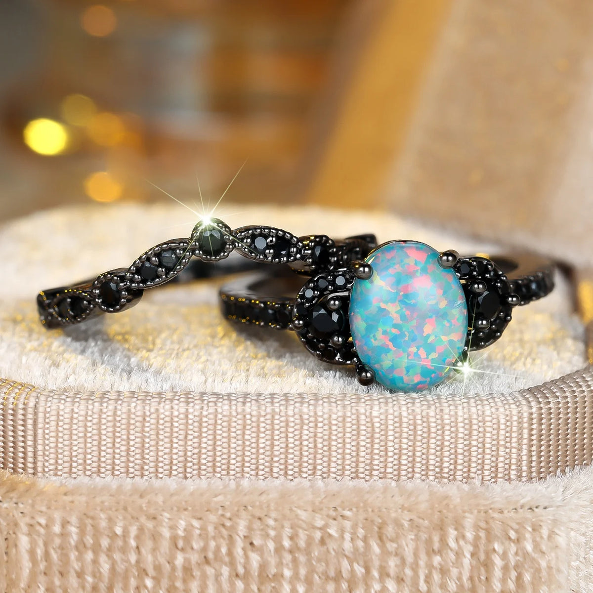 Small Round Charm Female Fashion Bule Opal Engagement Ring Set Luxury Black Color Wedding Jewelry For Women