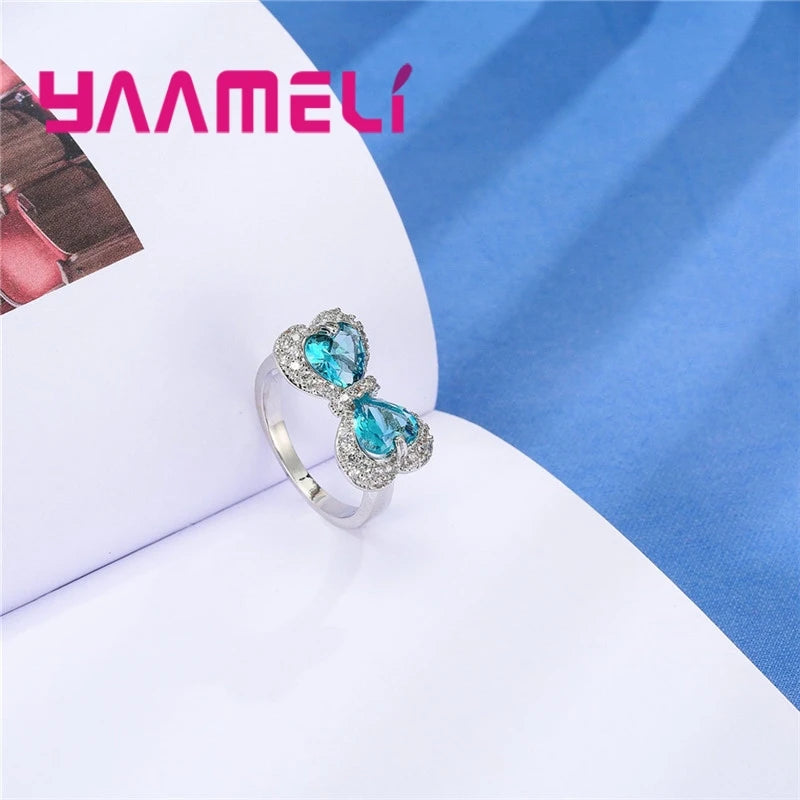 Popular Sweet Bowknot Shape Shininy Crystals 925 Sterling Silver Color Finger Rings For Girls Best Gifts Trendy Bague Jewelry