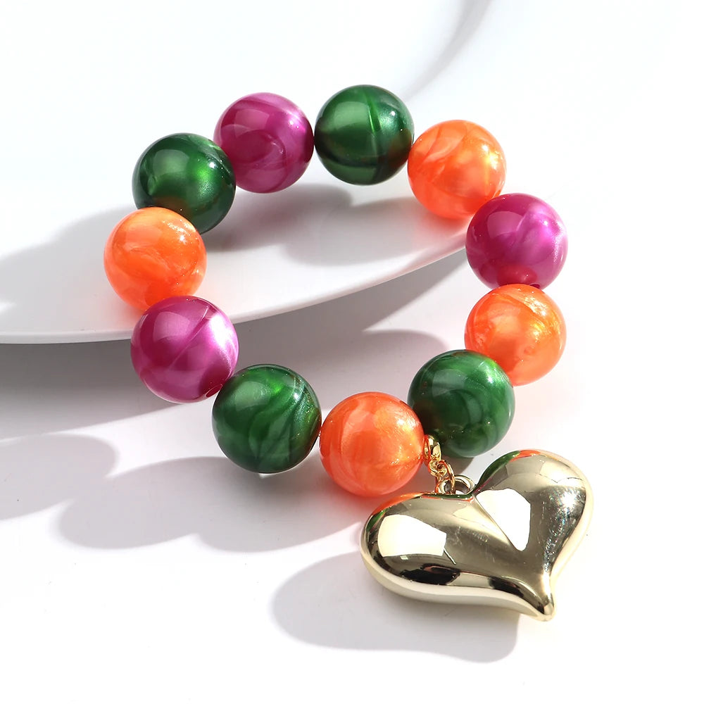 Boho Colorful Round Beads Heart Pendant Elastic Bracelets Fashion Geometric Beaded Bangle Bracelet Women Jewelry Gifts
