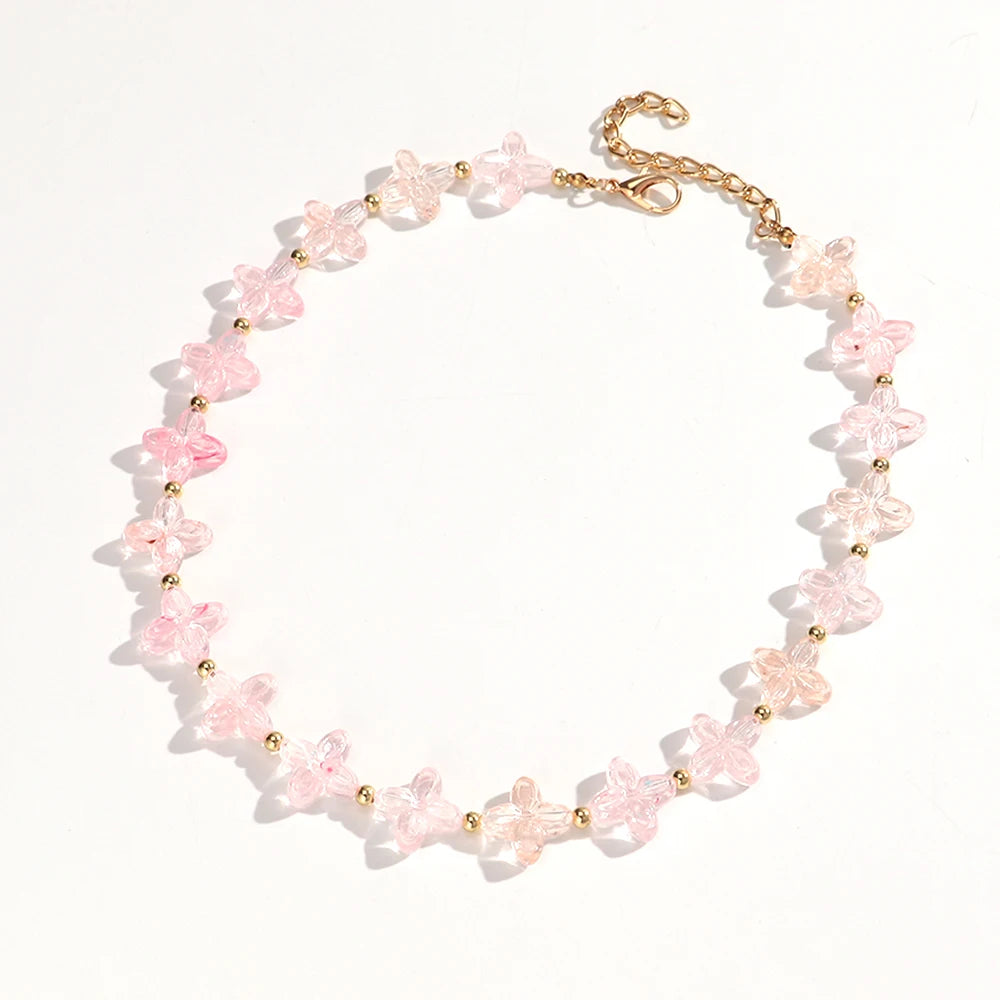 Cute Colorful Geometric Flower Beaded Choker Necklace Sweet Resin Beads Necklaces for Women Spring Summer Jewelry Gifts