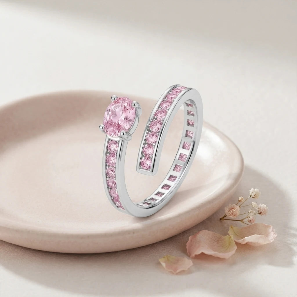 Silver Color Inlaid Oval Pink CZ Luxury Adjustable Women Open Ring, Jewelry Gift for Commute Party Dating Vacation