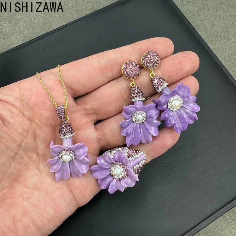 NISHIZAWA Baroque Pearls Earrings for Women Purple Flowers Vintage 3 Pieces Jewelry Sets Elegant Fashion Aretes De Mujer