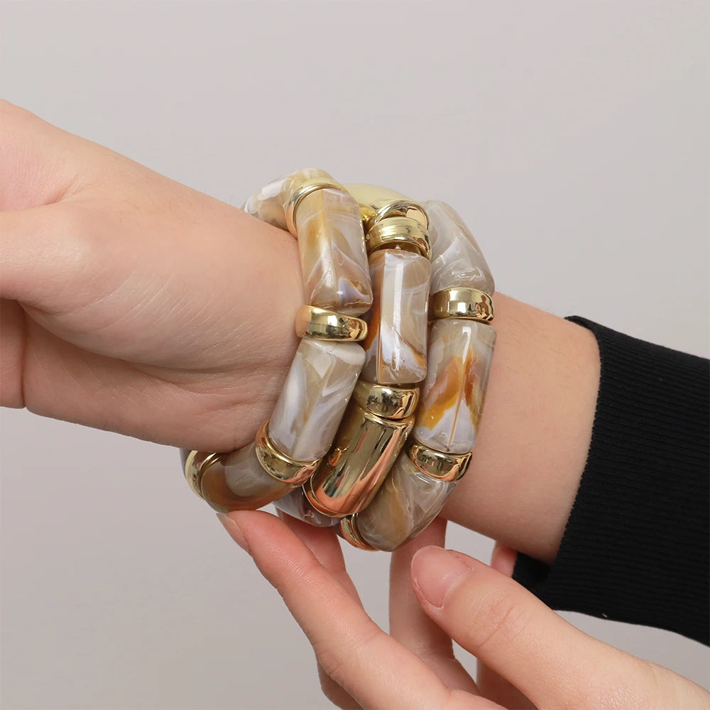 3pcs Fashion Chunky Tube Beaded Elastic Bangle Bracelets Acrylic Marbled Geometric Curved Beaded Bracelet Vintage Jewelry Gifts