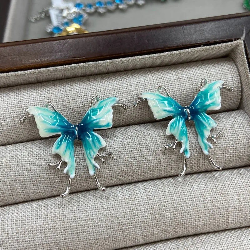 Enamel Butterfly Stud Earrings for Women Mori Girl Style Elegant Versatile Jewelry Fashion Summer Blue Pendientes Mujer