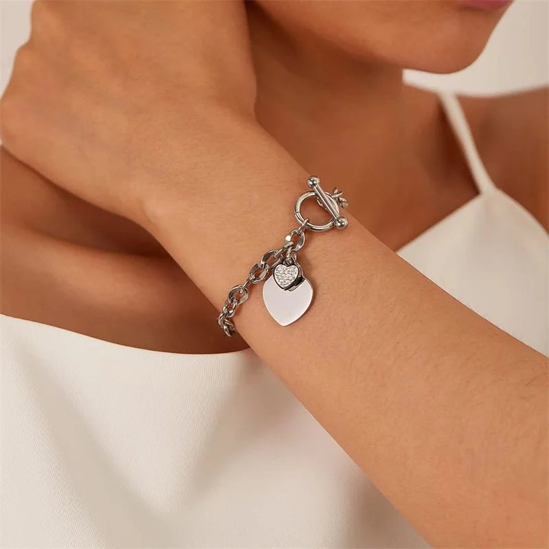 EILIECK New Fashion Stainless Steel Metal Double Heart Necklace Bracelet For Women Fashion Waterproof 3-Color Jewelry Set Gift