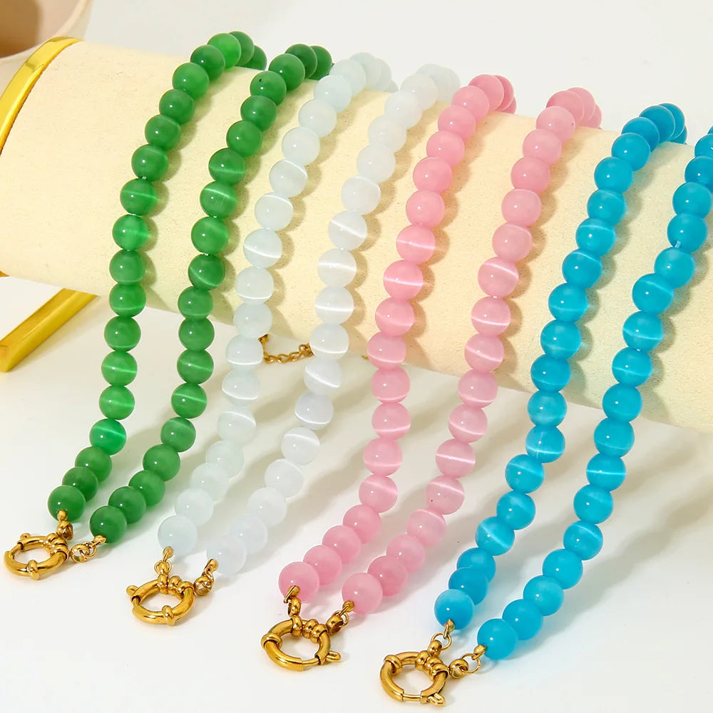 2026 Rainbow Cats Eye Glass Bead Choker Necklace 18K Gold Plated Stainless Steel Summer Bikini Gift for Women Girls