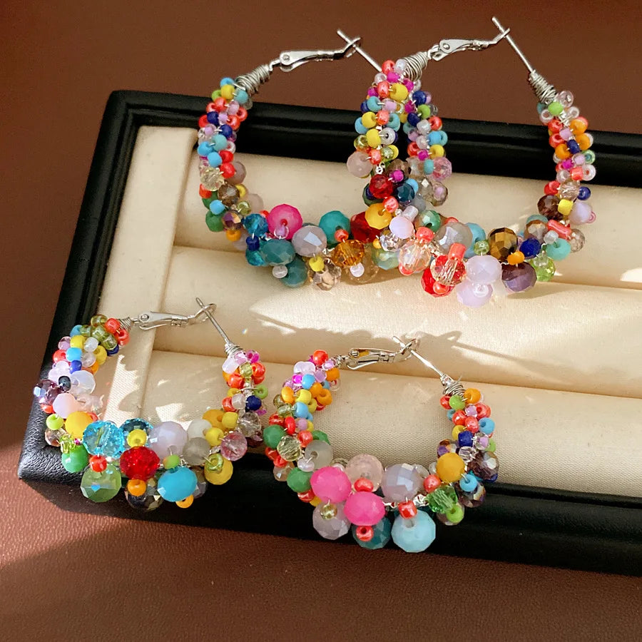 Colorful Glass Beaded Cluster Hoop Earrings for Women Shiny Wrapped Circle Huggie Earrings Vacation Festival Beach Jewelry N
