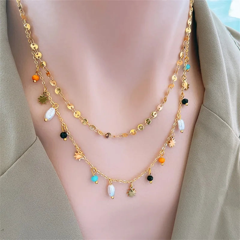 EILIECK 316L Stainless Steel Artificial Turquoise Pendant Necklace for Women Fashion Waterproof 2 Layer Neck Chain Jewelry Gift