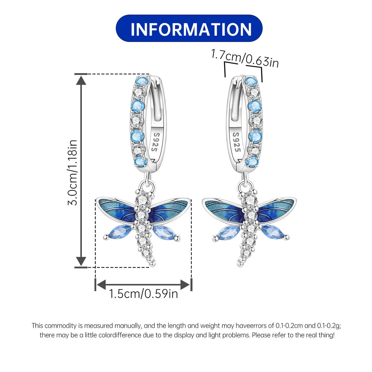 Orstarry 925 Sterling Silver Blue Zircon Dragonfly Drop Earrings Women Earrings Charm Fashion Versatile Party Jewelry Gifts