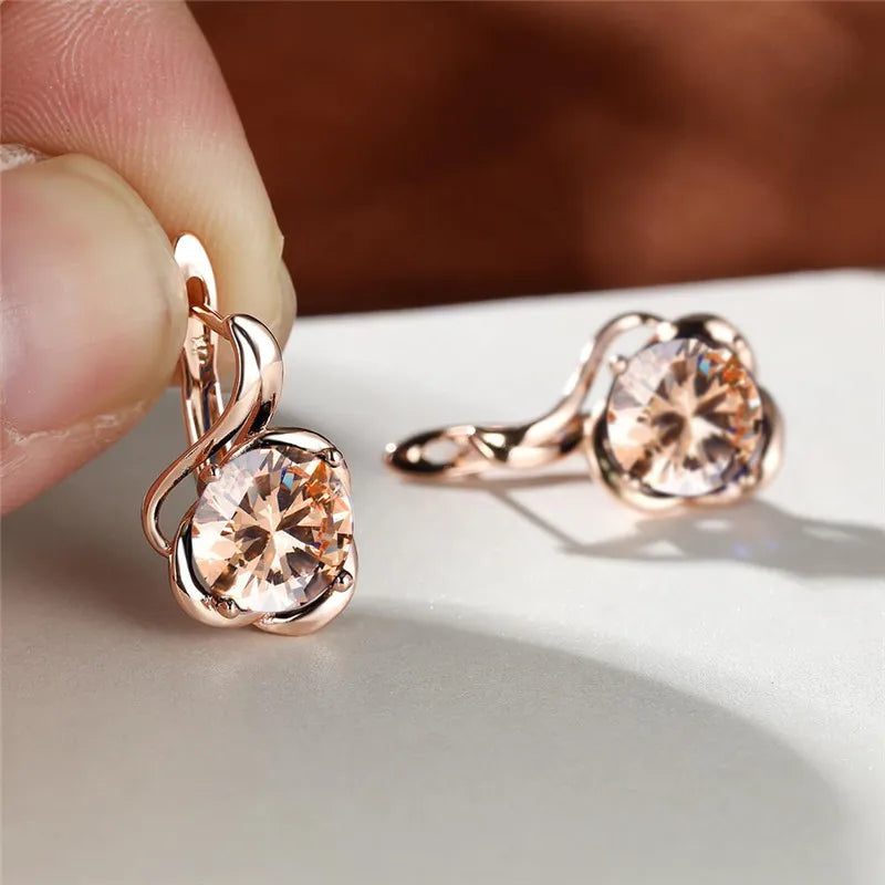 Female Crystal Round Red Green Purple Zircon Stone Flower Hoop Earrings Charm Rose Gold Color Wedding Jewelry Earrings For Women