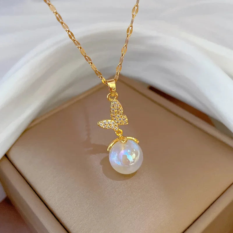 Exquisite Micro Inlaid Zircon Butterfly Tassel Necklace For Women Stainless Steel Moon Butterfly Flower Clavicle Choker Jewelry