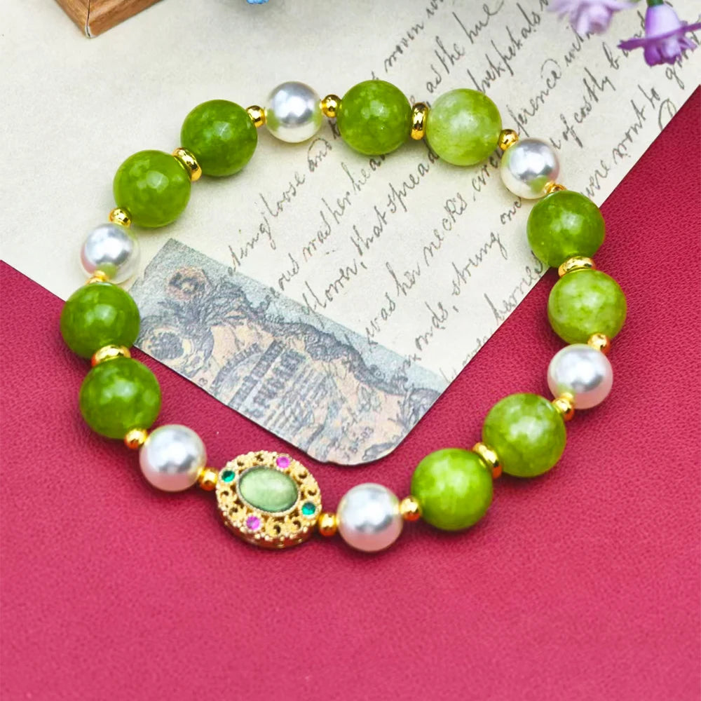 NEW Natural Green stone Beaded Pearl Bracelet for Women Golden Charm Boho Bracelet Wedding Party Daily Wear Jewelry Gift