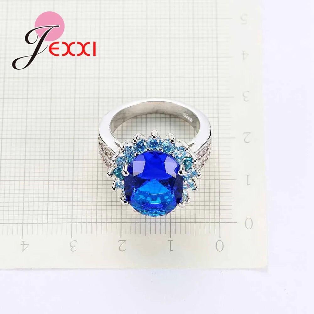 Fancy Big Sunflowers Clearly Blue Crystals Design Women Party Rings 925 Sterling Silver Color Accessory Best Gift Anniversary