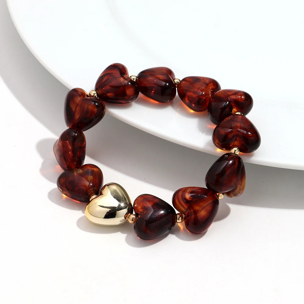 Sweet Resin Love Heart Beads Elastic Bracelets for Women Cute Geometric Heart Shape Stretch Bracelet Party Jewelry Gifts