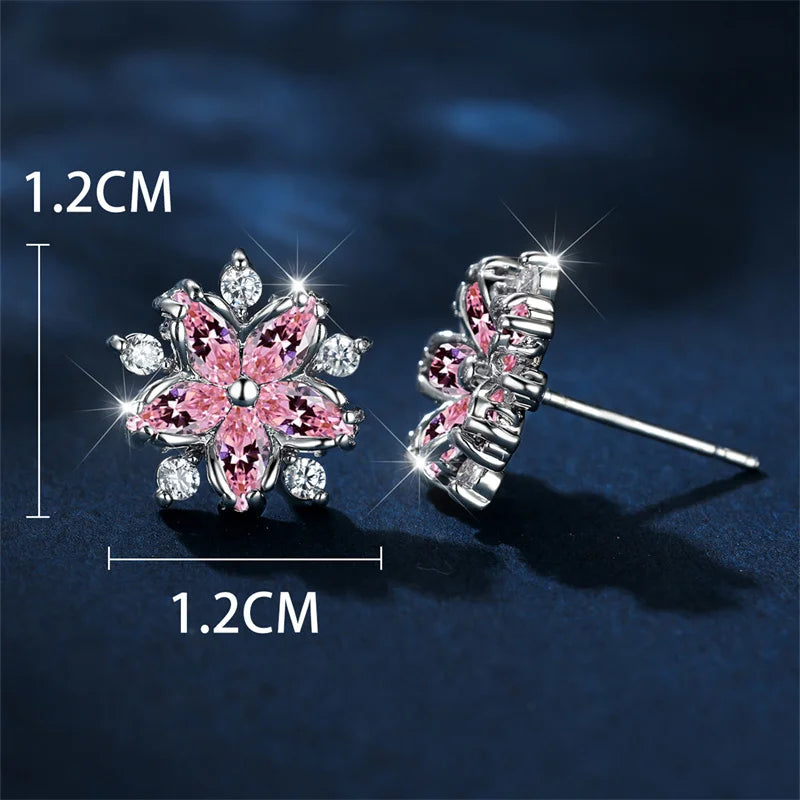 Luxury Female Pink Stone Flower Stud Earrings Silver Color Zircon Wedding Jewelry For Women