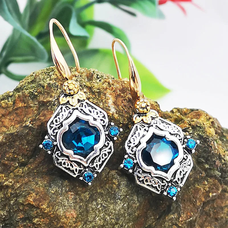 Vintage Square Blue Stone Boho Earrings for Women Ancient Ethnic Tone Engraving Flower Pattern Crystal Dangle Earrings Jewelry