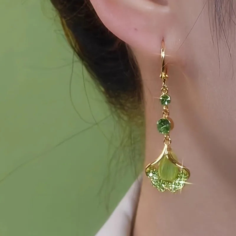 Exquisite Green Rhinestone Opal Tassel Earrings for Women Fashion Beautiful Daily Accessories Party Jewelry Gifts for Girlfriend