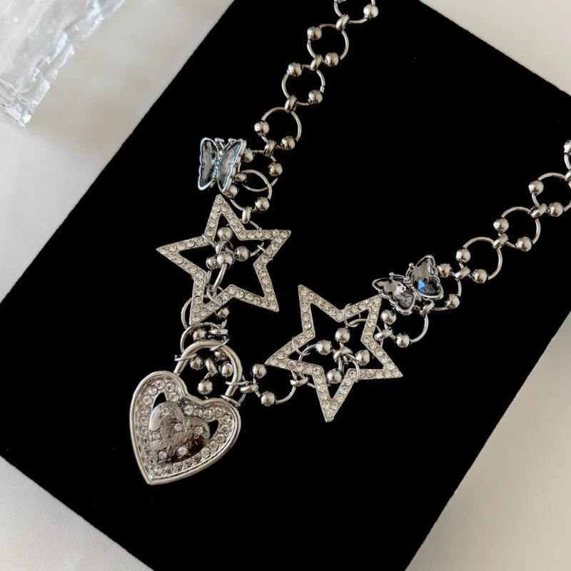 NISHIZAWA Y2k Butterfly Stars Necklaces for Women Vintage Inlaid Rhinestones Chokers Jewelry Fashion Hiphop Collares Para Mujer