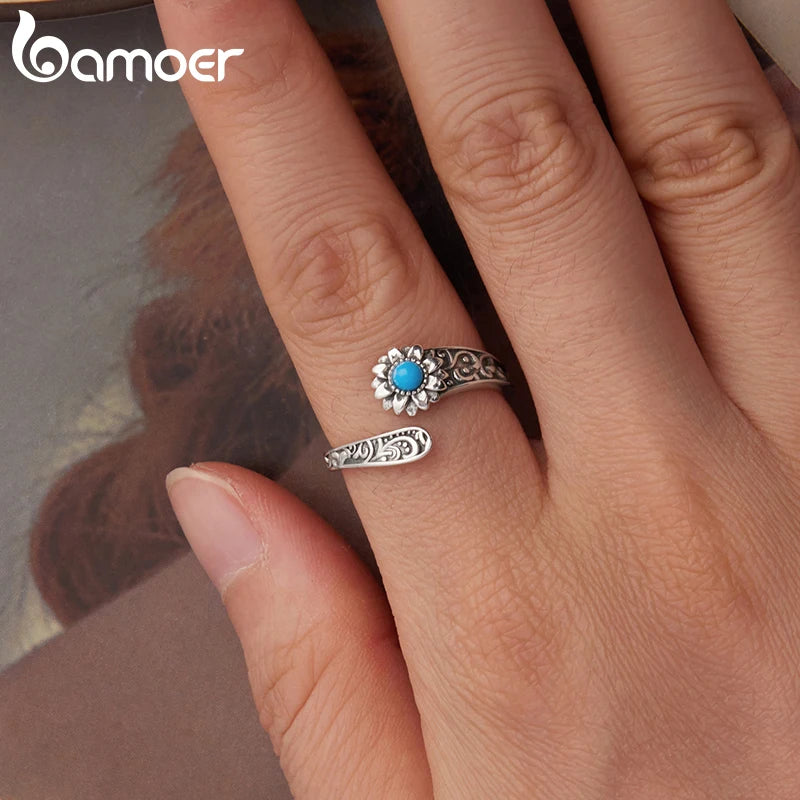 Bamoer 925 Sterling Silver Sunflower Turquoise Open Ring Adjustable Retro Oxidized Ring for Mother Birthday Gift Fine Jewelry