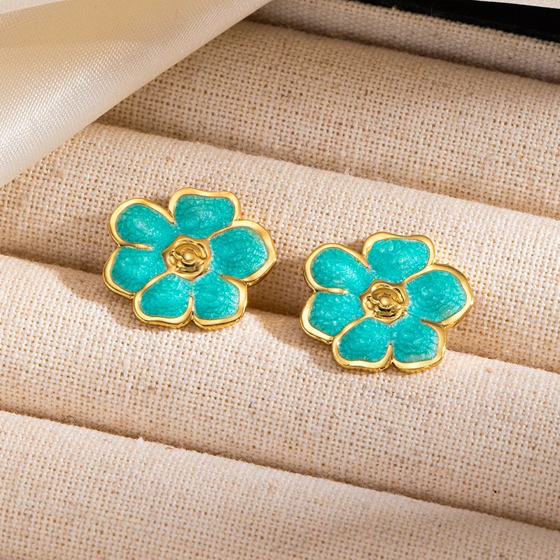 ANENJERY 316L Stainless Steel Colorful Enamel Flower Stud Earrings For Women Temperament Luxury Niche Simple Jewelry Gift