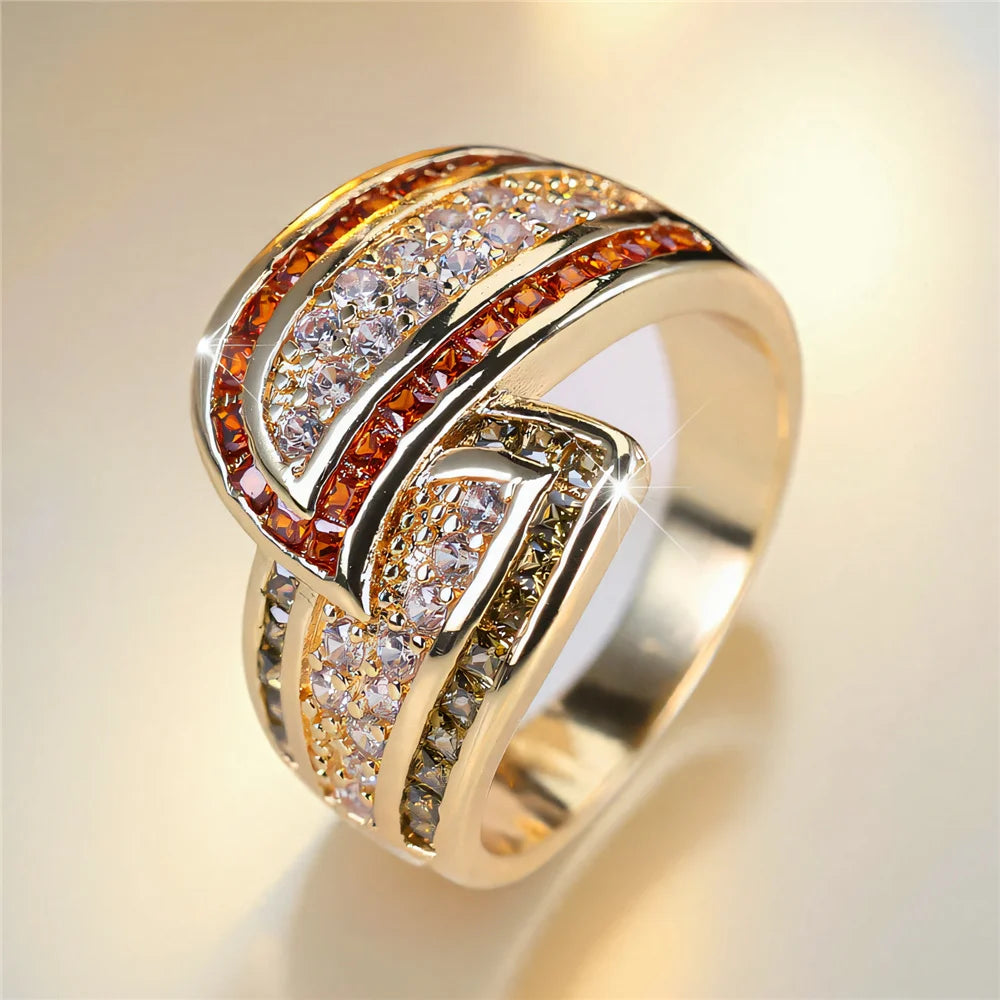 Cute Female White Zircon Stone Gold Color Wedding Jewelry Promise Engagement Wheat Rings For Women