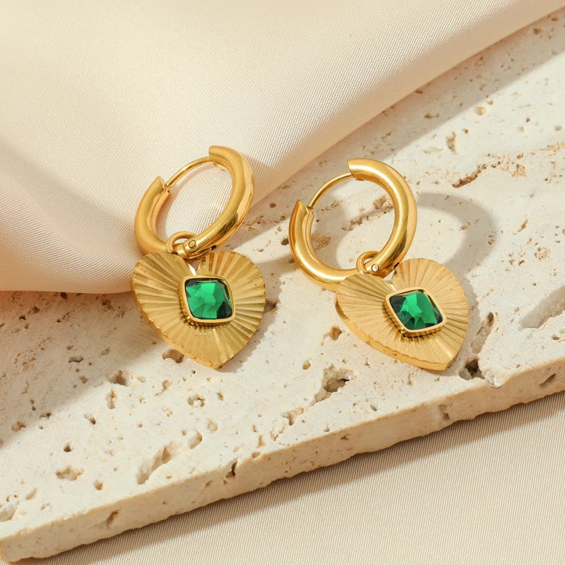 EILIECK 316L Stainless Steel Heart Love Green Crystal Pendant Necklace Earrings for Women Fashion Punk Jewelry Set Gift Party