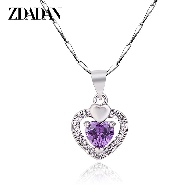 ZDADAN 925 Sterling Silver Heart Purple Crystal Pendant Necklace Chains For Women Fashion Wedding Jewelry
