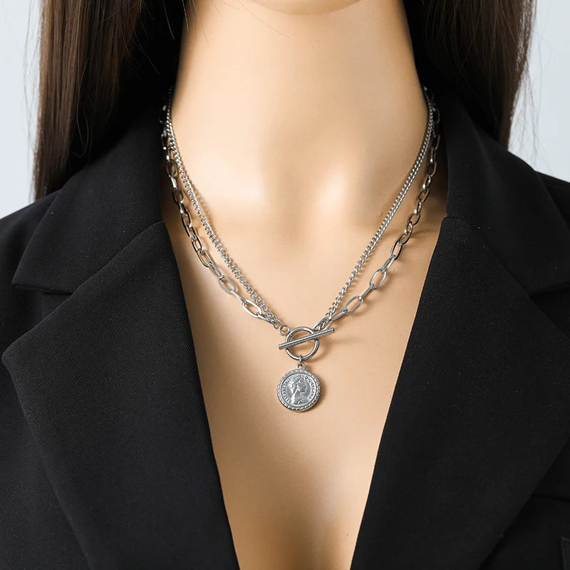 EILIECK 316L Stainless Steel Portrait Coin Pendant Necklace For Women Fashion Silver Color Neck Chain Waterproof Jewelry Gift